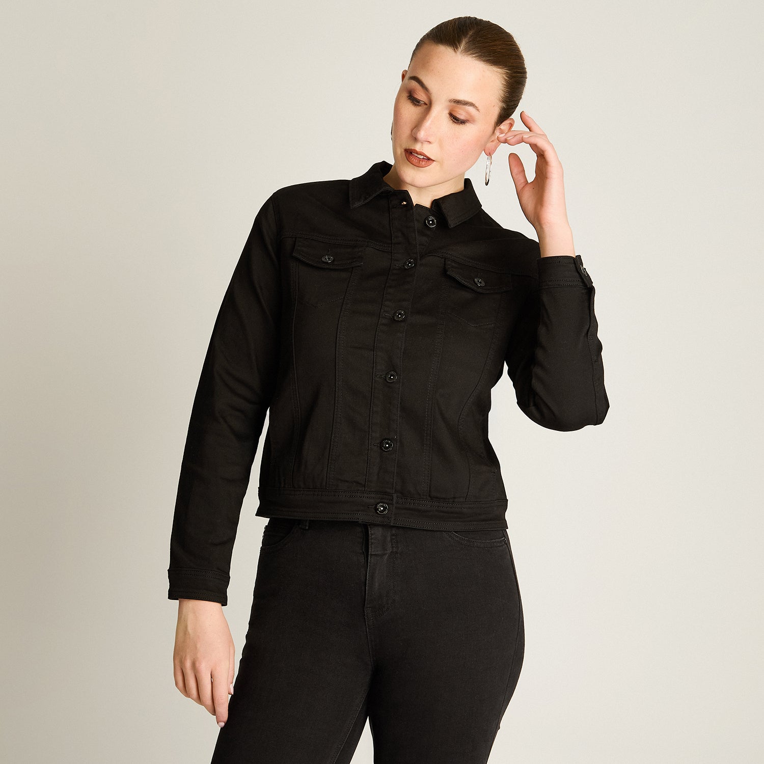 Casaca Mezclilla Negro Manga Larga Elasticidad Chaqueta Tt Holgado Calce Nula Tela Denim